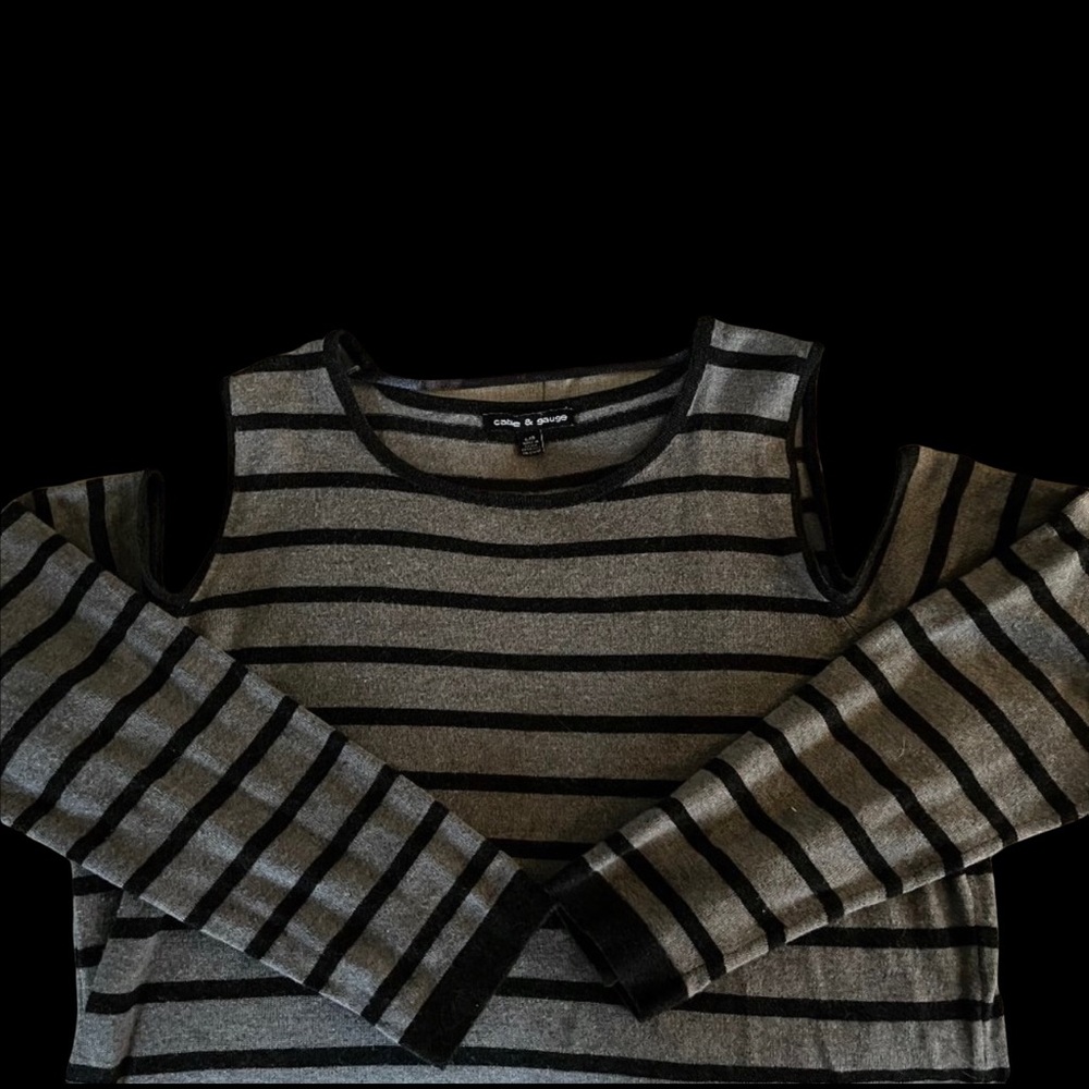 Gray and black striped cold shoulder sweater